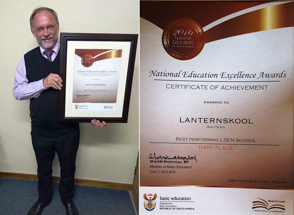 At the National Education Excellence Awards held in April 2016 at the Union Buildings in Pretoria, Lantern School was awarded Third Place in the category: Best Performing LSEN School. This is an award to really be proud of. Congratulations to all the teachers and learners. Well done Lantern School!!