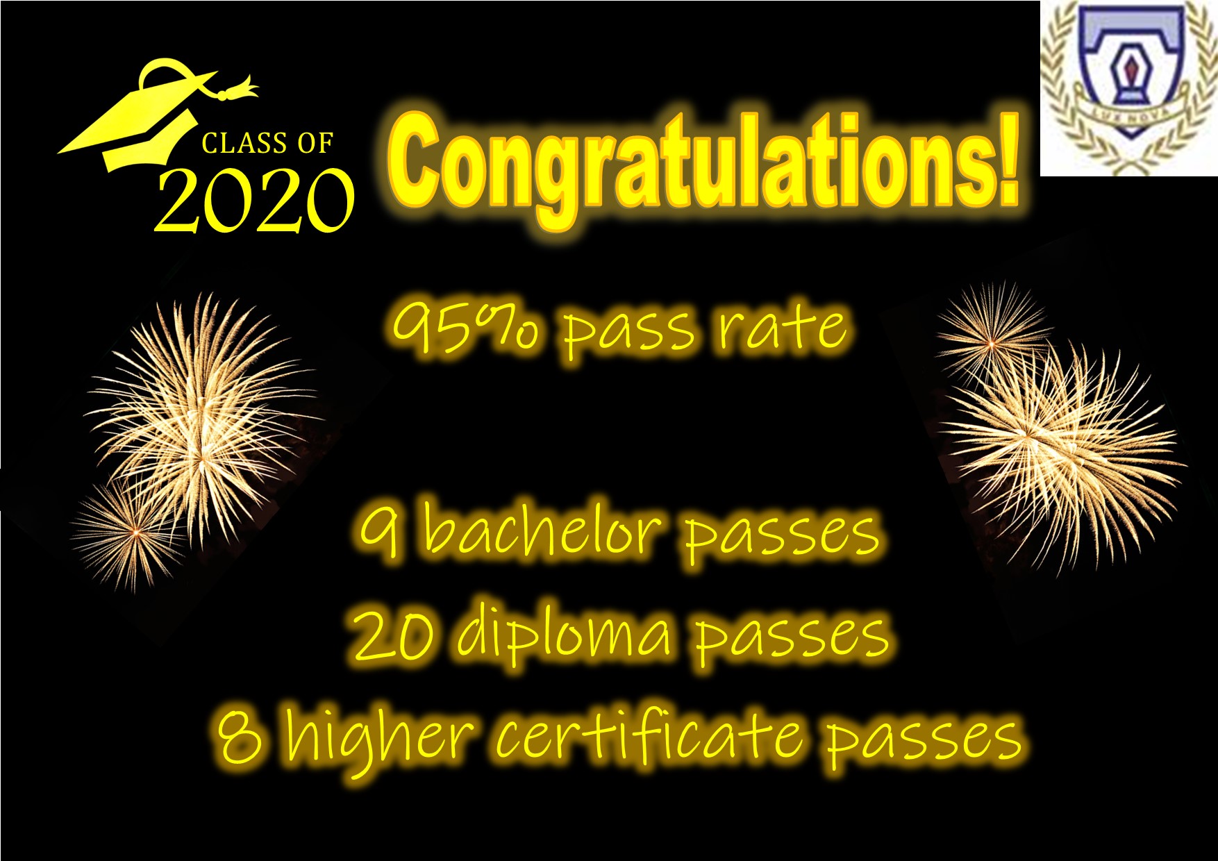 Congratulations! 95% pass rate, 9 bachelor passes, 20 diploma passes, 8 higher certificate passes